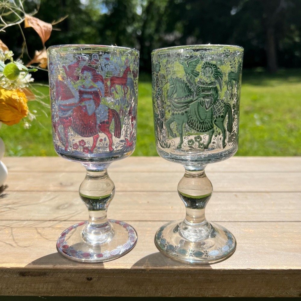 Vintage 1960s Alfred Taube German Glass Goblets | Set of 2 | Floral Design